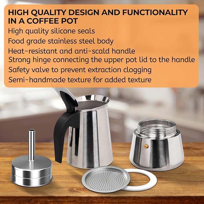 6 Cup 300ml Moka Pot Stainless Steel Espresso Coffee Maker Stovetop Percolator Coffeemaker Italian Classic Style Brewing Greca Cafe Mocha Machine for Cafeteras Lover Camping Travel and Home Use 10oz