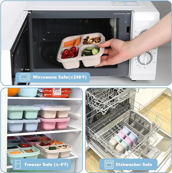 4 Pack Snack Containers, 4 Compartments Bento Snack Box, Reusable Meal Prep Lunch Containers for Kids Adults, Divided Food Storage Containers for School Work Travel