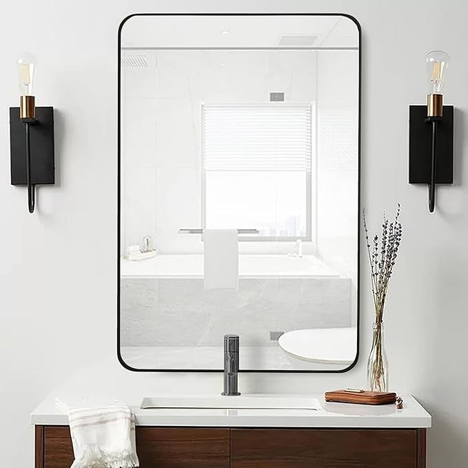 24x36 Inch Black Bathroom Wall Mirror, Modern Rectangle Mirrors with Tempered Glass for Bedroom Living Room or Entryway Horizontal/Vertical Hanging