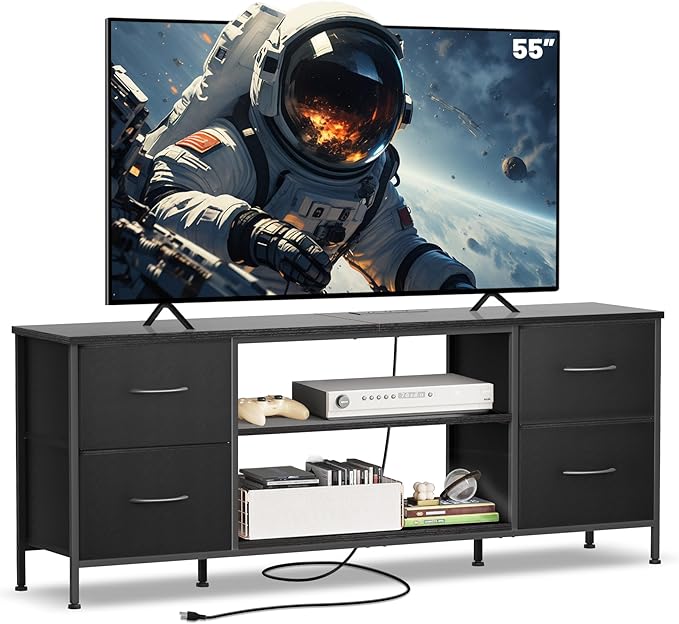 TV Stand for Bedroom, Television Stand for TV up to 55 Inch Entertainment Center Dresser with 4 Drawers Open Storage Shelves for Living Room, Entryway (Black and Charcoal Black)