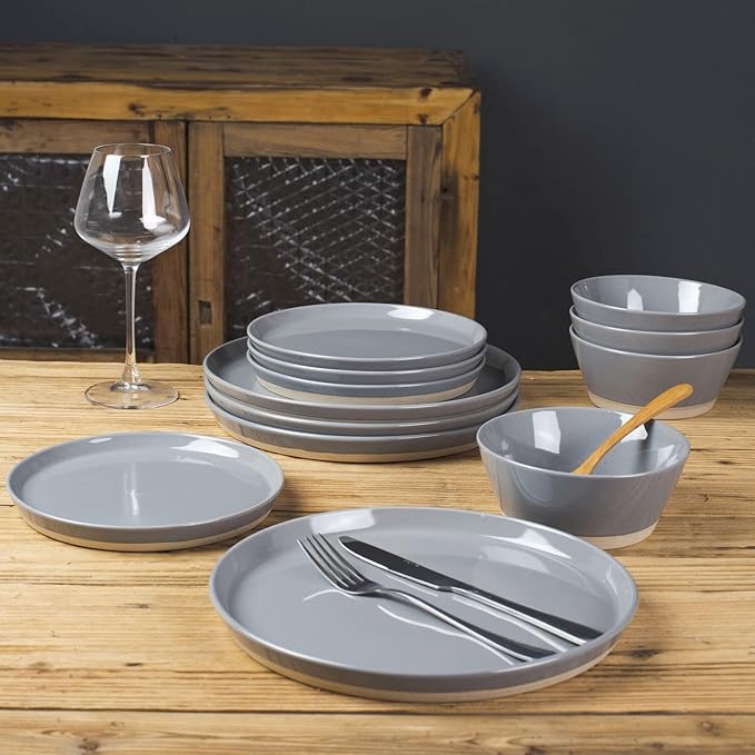 Famiware Saturn Speckled Dinnerware Sets for 4 (12 Pieces), Stoneware Plates and Bowls Dish Set - Chip and Scratch Resistant, Microwave and Dishwasher Safe, Dark Gray