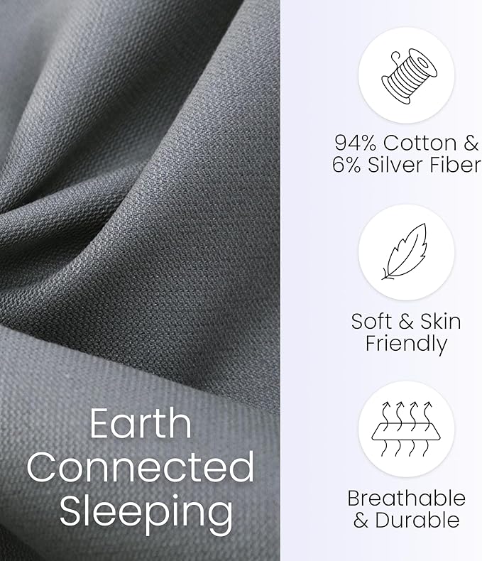 Hooga Grounding Pillow Case, Queen Size Earth Connected Pillowcase, Bedding. Improve Sleep, Energy, Inflammation, Snoring. 94% Organic Cotton, 6% Silver Fiber, 20’’x30’’ Size. Gray