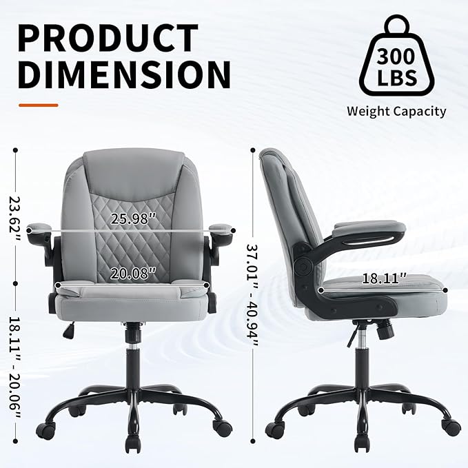 Office Chair, Executive Leather Home Office Desk Chair - Ergonomic Computer Chair with Back & Lumbar Support, 360°Swivel, Adjustable Flip-Up Armrests, Rocking Function Gray