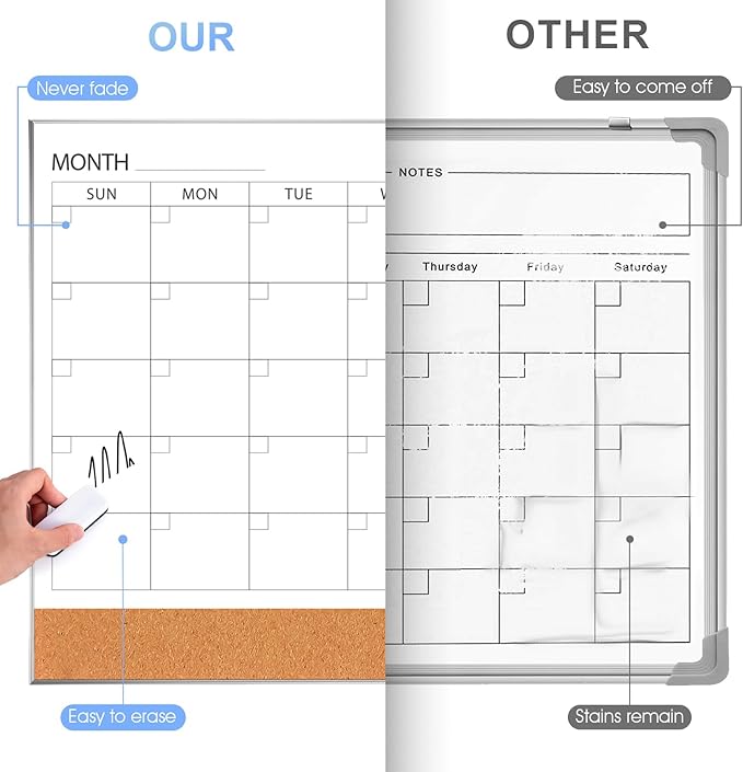 ARCOBIS Dry Erase Calendar with Cork Board for Wall, 36"x 24" Magnetic Calendar Whiteboard with Silver Frame, Monthly Combination Board for School, Home, Office