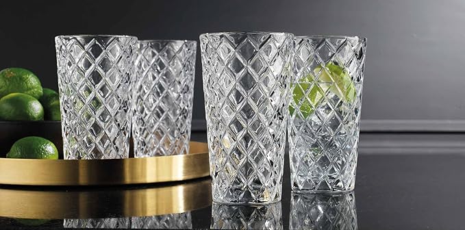 Glaver's Drinking Glasses Set of 4. Tall Highball Glasses. 14oz. Textured Diamond Cut Elegant Drinking Glass Cups - Kitchen Glassware for Water, Iced Tea, Juice, Cocktail.