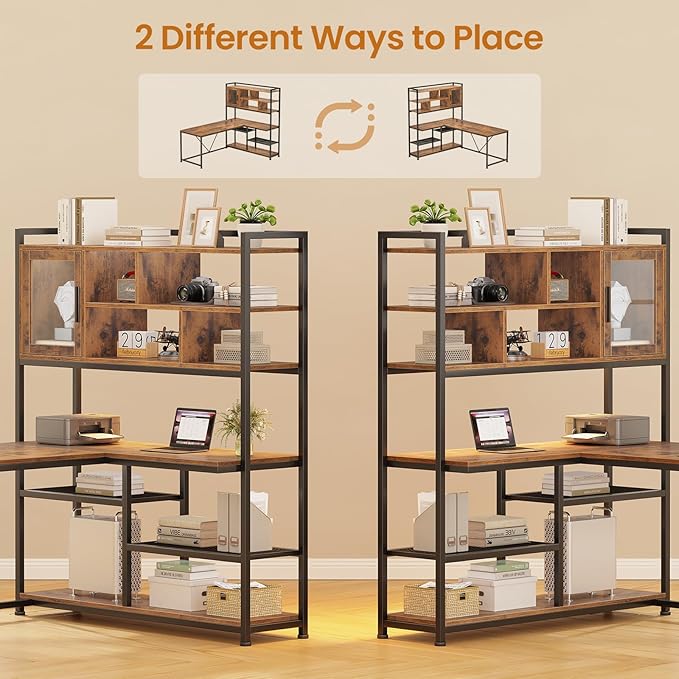 SEDETA L Shaped Computer Desk, 58'' Office Desk with LED Light and Bookshelf, L Shaped Corner Desk with Storage Shelves for Home Office, Gaming Desk, L Desk, Rustic Brown