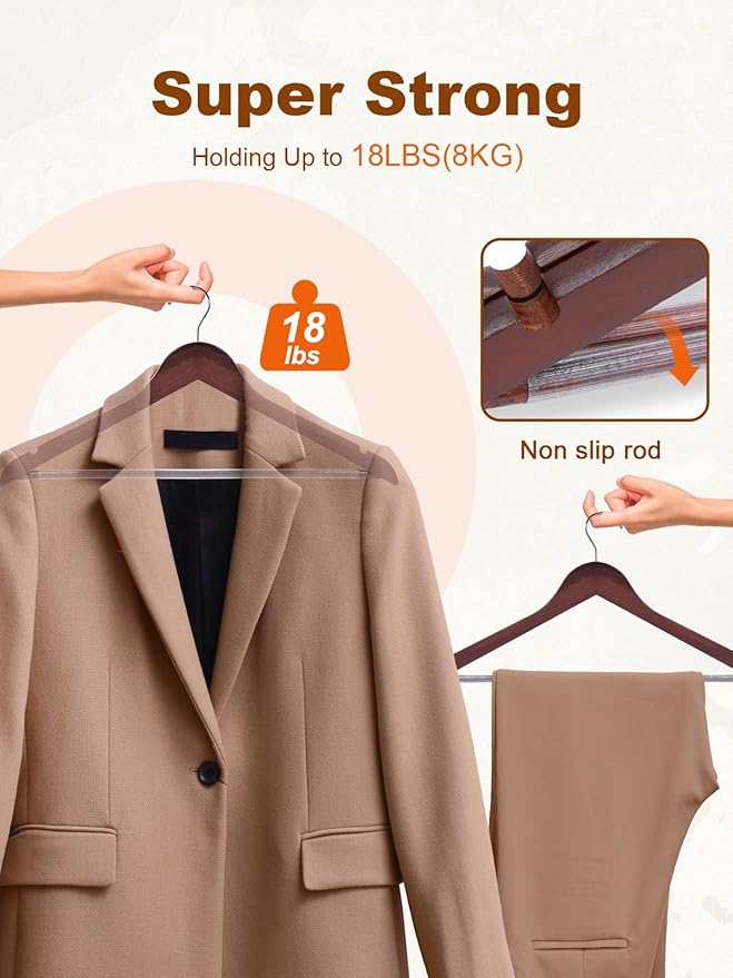 HOUSE DAY Cherry Wooden Hangers 20 Pack, Heavy Duty Wooden Coat Hanger for Closet, Solid Wood Hanger with Non Slip Pant Bar, Smooth Finish Wood Clothes Hangers for Shirts, Suits Jackets, Dress