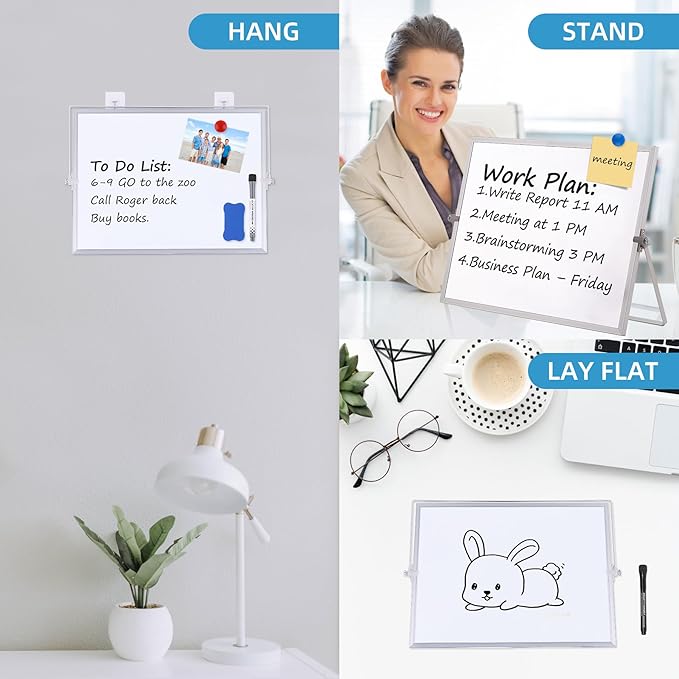 Magnetic Dry Erase Board, 16x12 Inch, Double-Sided Desktop Whiteboard with Stand, White Board for Kids, Home, School, Office