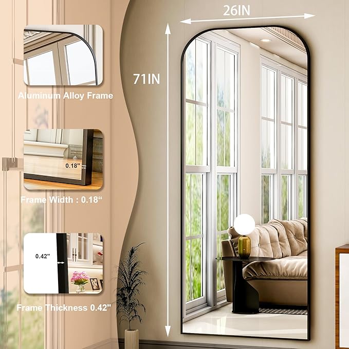 HARRITPURE 71"x26" Full Length Mirror Full Body Mirror Top Rounded Corner Aluminum Frame Hanging or Leaning Wall Floor Mirror with Stand for Living Room Bedroom Cloakroom,Black