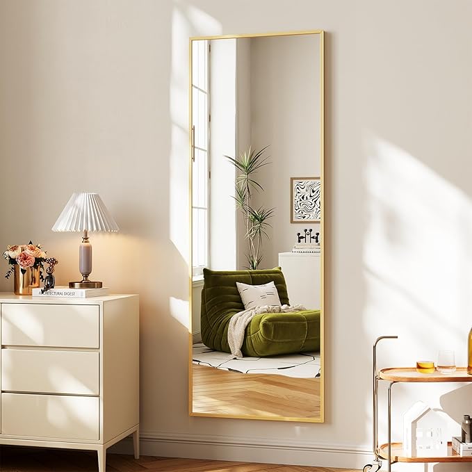 Koonmi Large Mirrors, 64"x21" Full Length Mirror with Stand, Full Body Mirror with Aluminum Alloy Frame, Hanging or Leaning Against Wall Floor Standing Mirrors for Bedroom Living Room, Gold