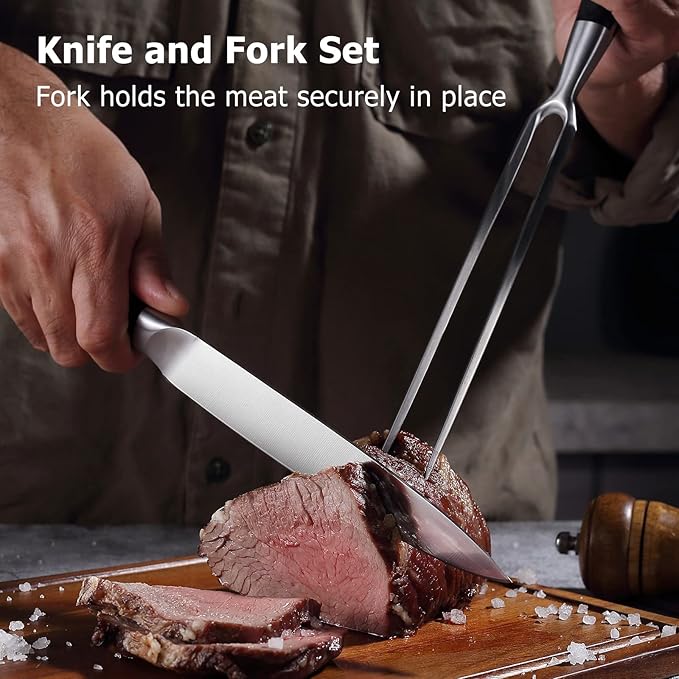 PAUDIN Carving Knife Set - 8" German Steel Turkey Carving Knife and Fork Set With Ergonomic Handle, Full Tang For Meat, Brisket