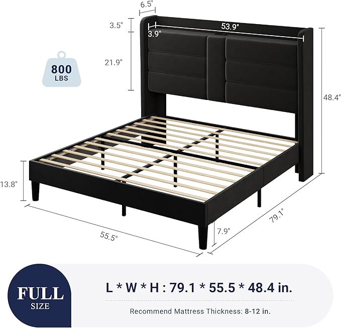 Allewie Full Size Platform Bed Frame with Charging Station & Storage Headboard, Upholstered Velvet Wingback Design & USB Port, Strong Wooden Slats Support, No Box Spring Needed, Easy Assembly, Black