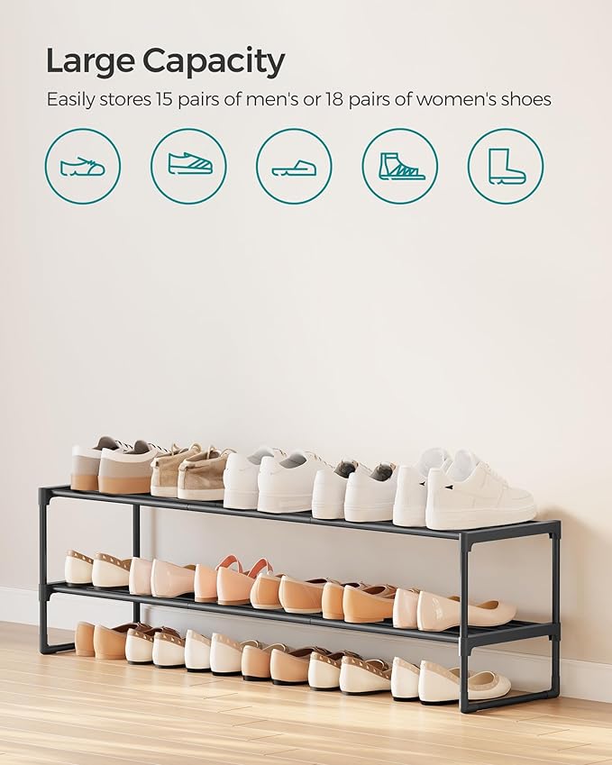 SONGMICS Shoe Rack, 2-Tier Shoe Organizer, Metal Storage Shelf, Upright or Upside Down, for 15-18 Pairs, Stackable, for Entryway, 11.8 x 46.1 x 13.4 Inches, Black ULSA032B01