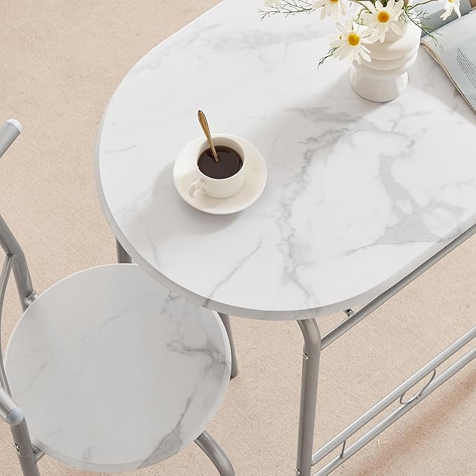 VECELO 3-Piece Dining Table Set for Kitchen Breakfast Nook, Wood Grain Oval Tabletop and Metal Frame with Built-in Wine Rack, for Small Spaces, 31.5", White & Silver