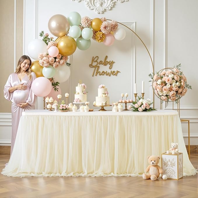 Suppromo Champagne Tulle Table Skirt for Birthday Party 6ft Champagne Tutu Table Cloths Desk Skirt for Wedding Reception Baby Shower Bridal Shower Dessert Cake Table Decorations