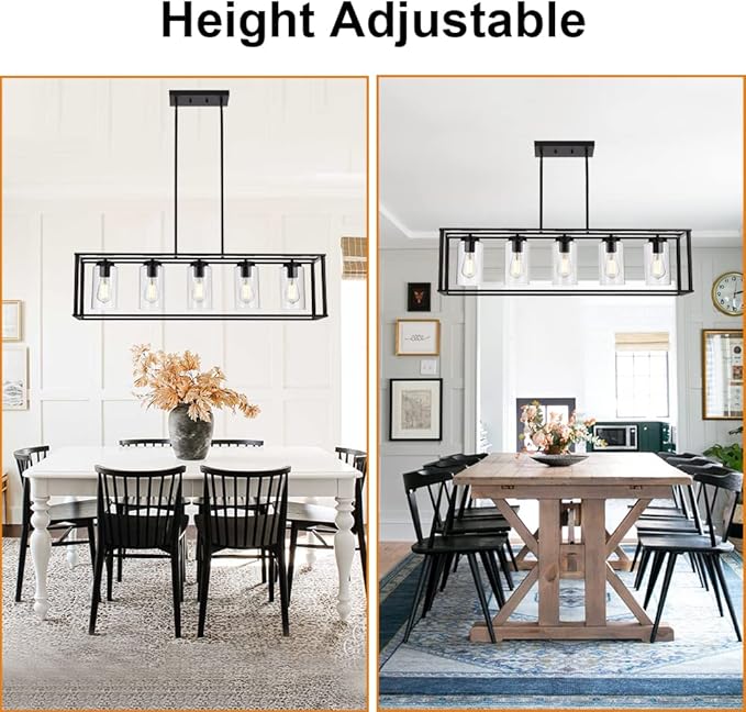 VINLUZ Farmhouse Chandeliers Rectangle Black 5 Light Dining Room Lighting Fixtures Hanging, Kitchen Island Cage Pendant Lights Contemporary Modern Ceiling Light with Glass Shade Adjustable Rods