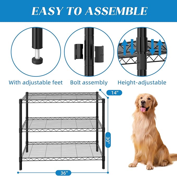 3-Shelf Adjustable Metal Shelf Wire Shelving Unit Storage Rack Display Shelf for Office,Kitchen,Bedroom,Bathroom,Laundry,Pantry Basement,Garage(Black,36" L x 14" W x 30" H)