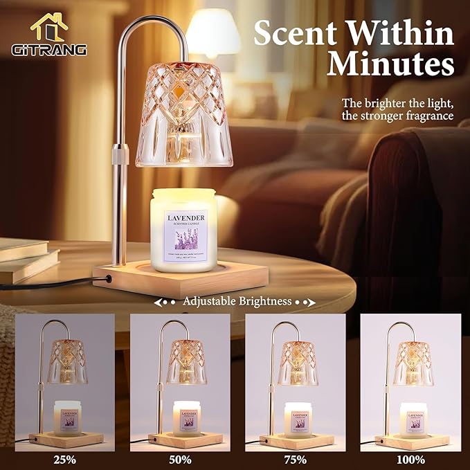 Candle Warming Lamp with Timer Dimmer, Adjustable Height Electric Wax Melt Warmer for Jar Candles with 3 Bulbs, Mother's Day Women's Home Decor Gift, Champagne Color Pole with Square Base