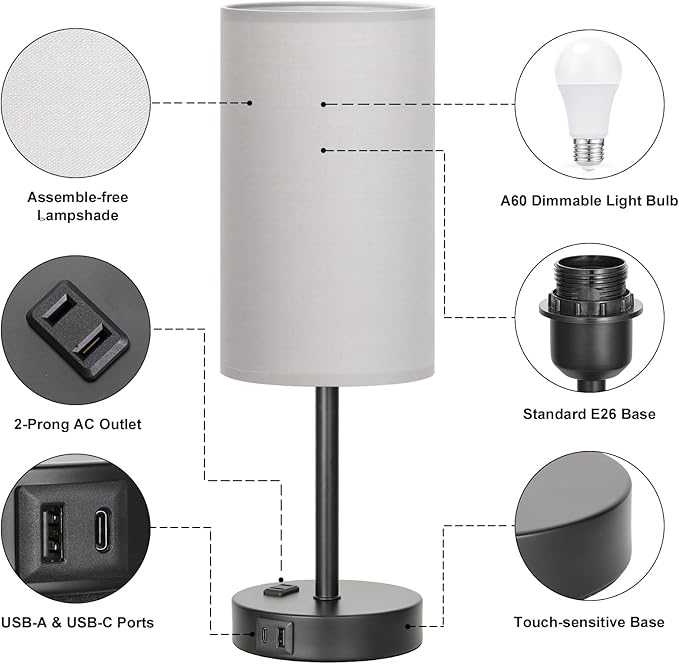 Touch Bedroom Lamp - Grey, 3-Way Dimmable, USB A + C Charging, AC Outlet, 17.4inch Medium