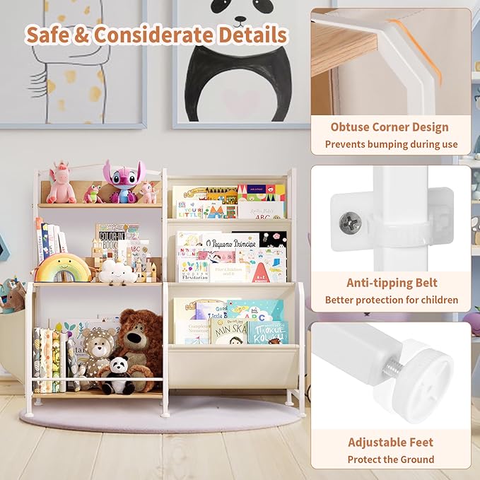 Kids Bookshelf and Toy Storage Organizer, 3 Tier Bookshelf for Kids Rooms, Nursery Book Shelves, Montessori Toddler Book Shelf, Baby Toy Shelf Kid Books Rack