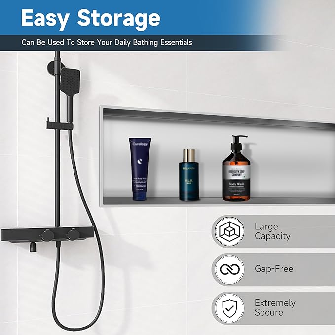 37" X 13" Shower Niche Insert Tile Ready, Wall Niche for Livingroom Bathroom, Long Shower Niche, No Tile Needed Over Mount Installation, Brushed Nickel