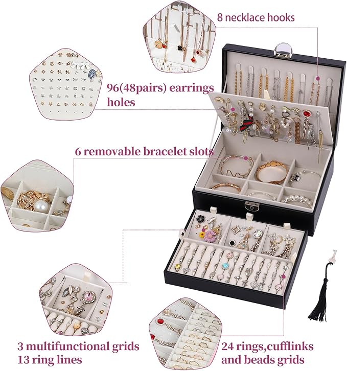 BOOVO Earring Jewelry Box For Women Girl Stud Organizer, 4 Layers Girl Jewelry Organizer Box With Lock Earring Holder Organizer Necklace Ring Jewelry Organizer Box For Girls (Black, 4 layer)