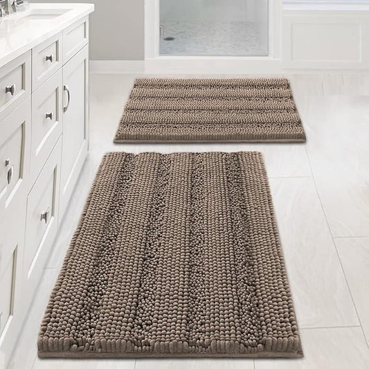 H.VERSAILTEX Bathroom Rugs Sets 2 Piece Non Slip Thick Shaggy Chenille Bathroom Rug Mat Set Extra Soft and Absorbent Striped Floor Rugs, Machine-Washable, Taupe Brown