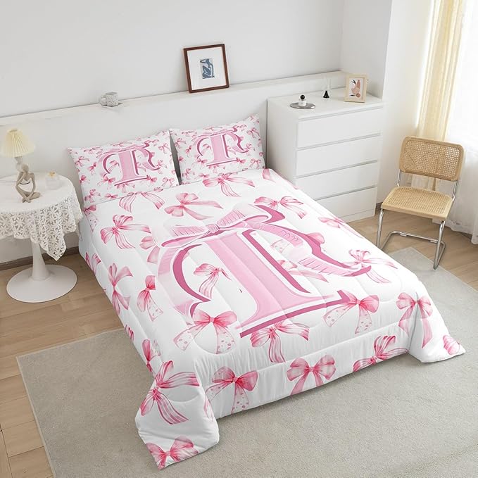jejeloiu Kids Girls Cute Pink Bow Comforter Set King Size Monogrammed Bedding Set Ultra Soft Personalized Initial I Duvet Quilt Coquette Bow Knot Quilt Set Room Decor Modern Fashion Comforter