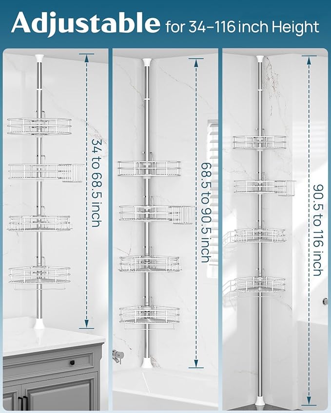 SEIRIONE Corner Shower Caddy Tension Pole, Quick Setup, Rust-Free Bathroom Shower Organizer Corner for Bathtub Shampoo Storage, 4-Tier Adjustable Shelf, Drill Free, Fits 34 to 116 Inch Height, Silver