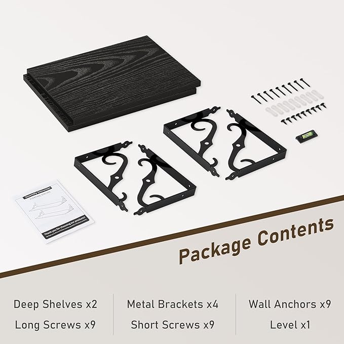 Deep Floating Shelves, 16" W x 12" D Wall Shelves Set of 2, Wide Display Shelf Wall Mounted with Brackets, Bookshelf for Living Room, Bathroom, Bedroom, Black