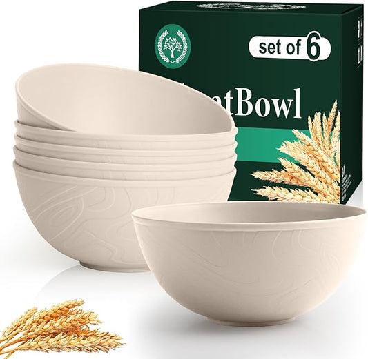 Homienly Wheat Straw Bowls for Kitchen, Bowl Set with Unique Texture 6 PCS, 40 OZ Large Capacity Bowls for Salad, Cereal, Soup, Popcorn, Ramen, Microwave and Dishwaher Safe, Outdoor Safe - Beige