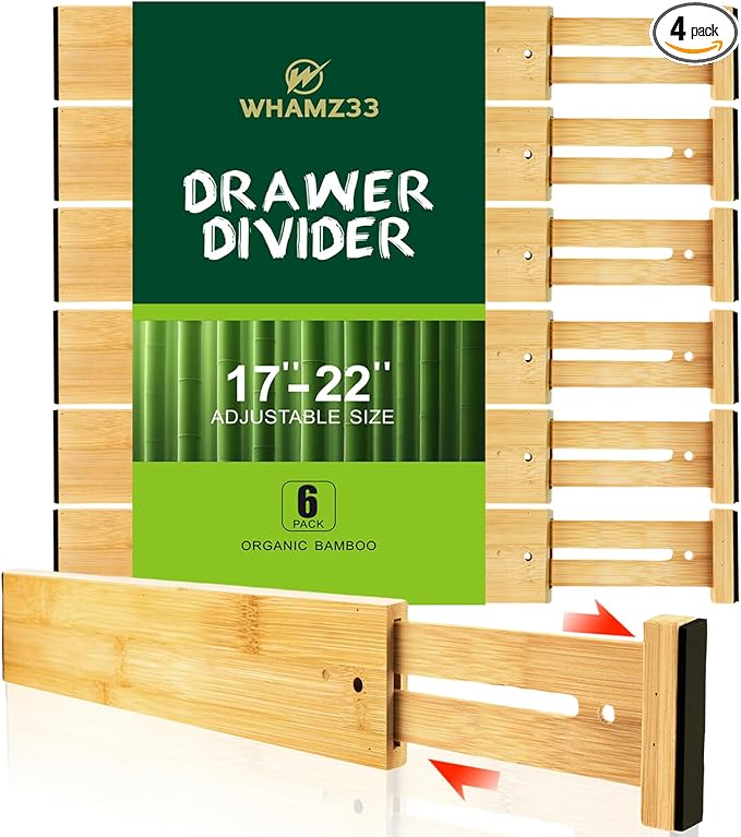 Bamboo Drawer Dividers, Adjustable Kitchen Drawer Organizers (17-22"), Expandable Utensil Drawer Organizer for Kitchen Organization, Clothes, Closet, Dresser Storage (6 Pack)