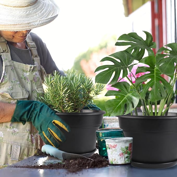 6-inch-Plant-Pots-Indoor-Outdoor, 6 Pack Plastic Planters with Drainage Holes & Saucers, Resin Flower Pots with Trays, Classic Garden Pot Container for House