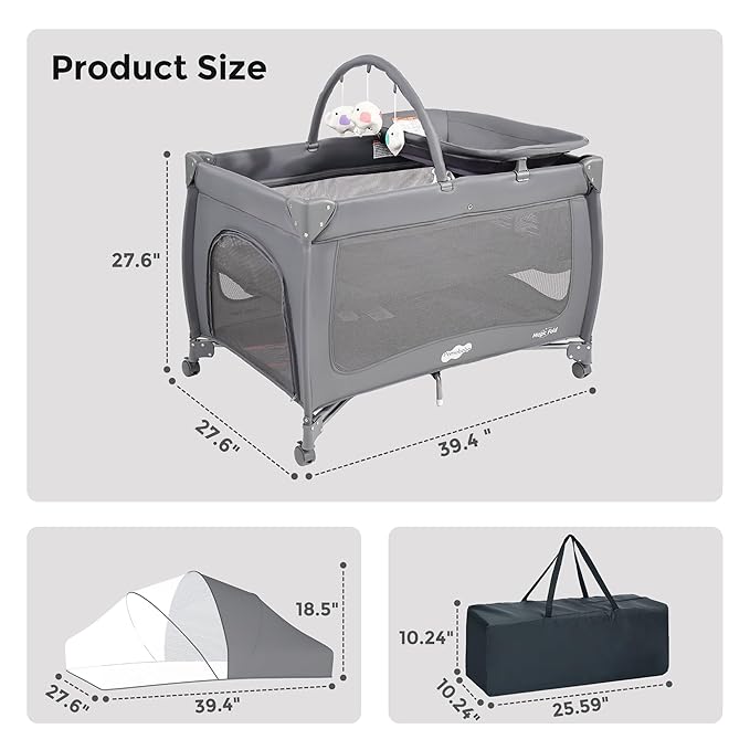 Pamo Babe 1-Second Setup 4-in-1 Playard for Babies - Portable Crib with Mosquito Net & Changing Table, Breathable Mesh, Toy Bar