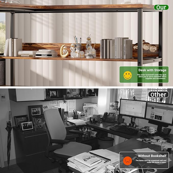 Unikito L Shaped Computer Desk with Magic Power Outlets and USB Charging Ports, Sturdy Reversible Corner Desk with Storage Shelves, Modern Work Desk for Home Office, Easy to Assemble, Rustic Brown