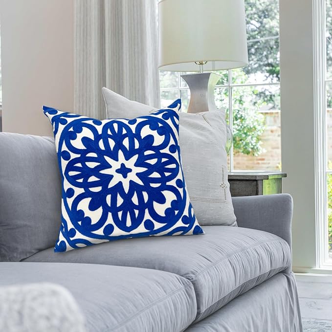 Alysheer Floral Embroidered Fall Decorative Throw Pillow Cover 18"x 18" Set of 2, Boho Mandala Embroidery Royal Blue Patterned Cushion Case for Sofa Couch Living Room Bedroom Outdoor
