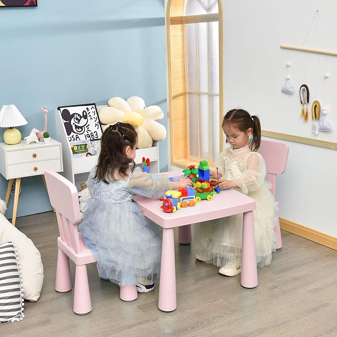 LDAILY Kids Table and Chairs, 3-Piece Children Arts Nursery Furniture for Drawing, Reading, and Painting, Light Weight Plastic Activity Kids Desk and Chair Set for Playroom, Kindergarten (Pink)