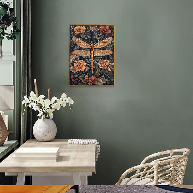 Djmwtb Vintage Framed Wall Art Floral Dragonfly Canvas Wall Art Prints Flower Botanical Painting Nature Pictures Artwork for Bedroom Living Room 12x16in