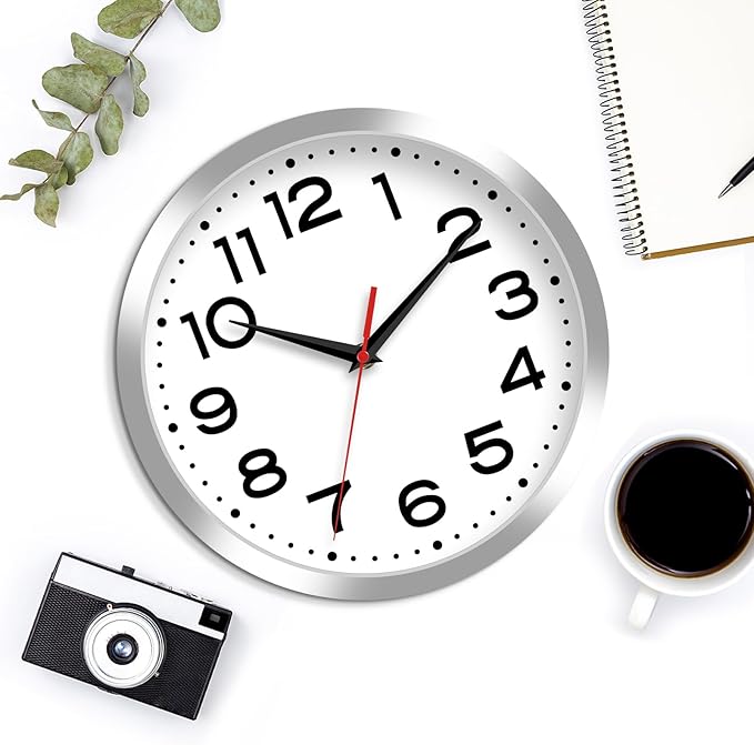 Wall Clock Silent Non-Ticking Modern Clock Battery Operated 12 Inch Small Classic Analog Decorative for Kitchen, Bathroom, Office, Bedroom, Home(Silver)