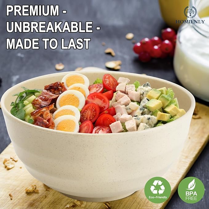 Homienly Wheat Straw Bowl Set, Large Cereal Bowls 6 PCS, Salad Bowls, Large Soup Bowl,Serving Bowl for Kitchen, Picnic, RV, Camping, 60 OZ Microwave and Dishwasher Safe Big Bowl Set- Beige
