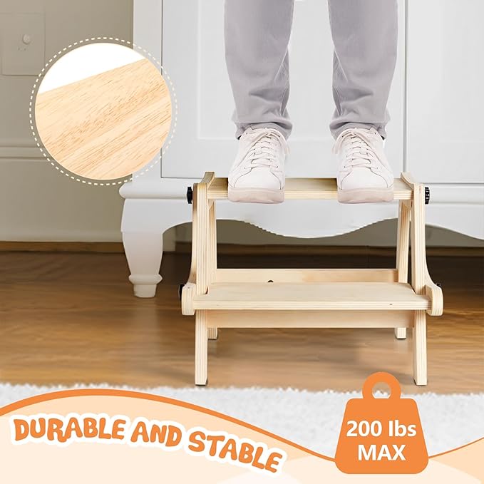 Toddler Step Stool, 2 in 1 Folding Step Stool for Kids, Toddler Stool for Bathroom Sink & Potty Training, Wooden Step Stools w Non Slip Base for Kitchen, Bedroom, Turns into Kids Chair