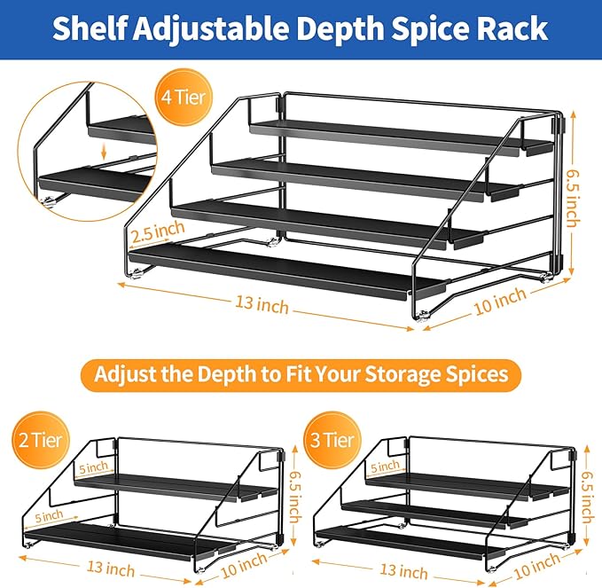 4 Tier Spice Rack Organzier, Spice Rack for Cabinet, Adjustable Depth Seasoning Shelf for Countertop, Pantry, Seasoning Organizer, Metal, Black (2 Pack)