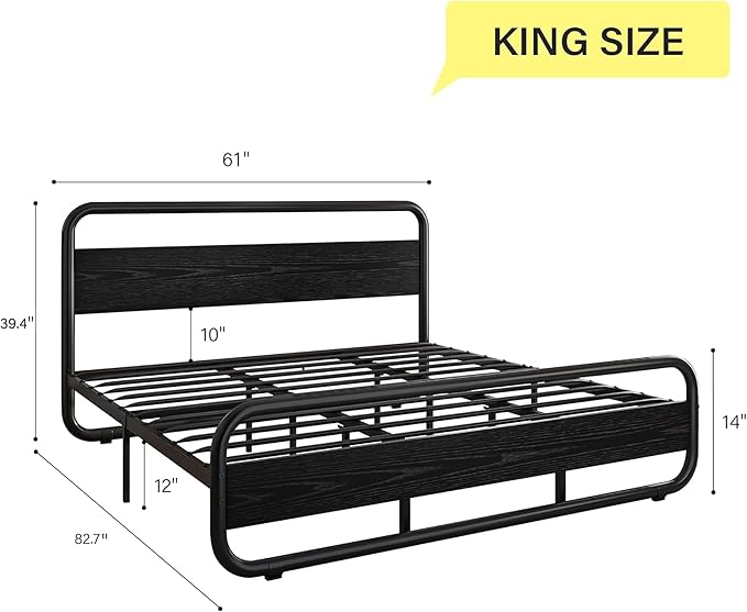 Catrimown King Size Bed Frame, Metal Black Bed Frame with Wood Headboard and Footboard, LED Platform Bed Frame with 12" Under Bed Storage, Noise Free, No Box Spring Needed