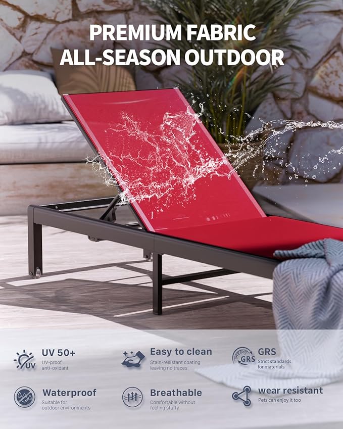 Aluminum Lounge Chairs Outdoor Chaise Furniture,2 Sets Patio Metal Deck Lounger Adjustable 5-Position Poolside Chase Recliner with Wheels for Beach,Coffee Table, (Red, 1 Chair)