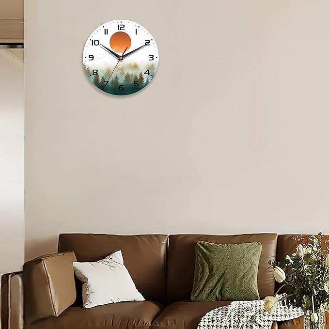 Wall Clock for Bathroom,Red Sun Wall Clocks Silent Non-Ticking Battery Operated Clock 10 Inch,Green Forest Wall Clocks Decorative for Living Room,Kitchen,Office