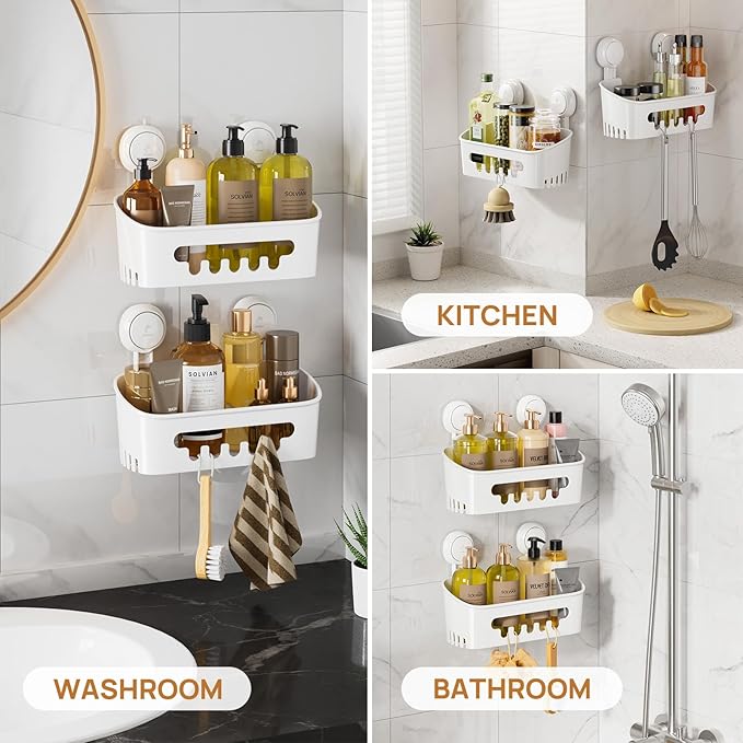 LEVERLOC Shower Caddy Suction Cup 2 Pack, Shower Organizer Removable Bathroom Shelf, Storage Suction Powerful Max Hold 22lbs Bathroom Caddy Waterproof Holder, White