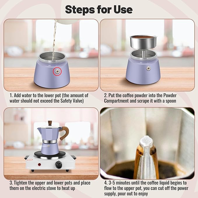 3 Cup Aluminum Moka Pot Purple Classic Stovetop Espresso Coffee Maker 150ml 5oz Coffeemaker Percolator Mocha Pot Greca Coffee Maker Cafe Makers for Italian and Cuban Café Brewing Purple