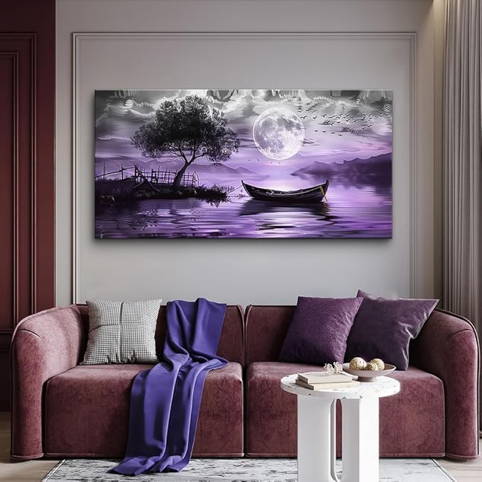 hyidecorart Large Wall Art For Living Room Canvas Wall Decor For Bedroom Office Decoration Black And White Wall Paintings Purple Scenery Abstract Pictures Canvas Prints Artwork Home Decor 48" x 24"
