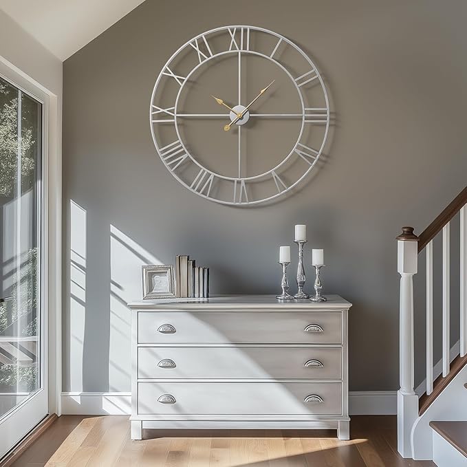 36 Inch Extra Large Wall Clock, Modern Silver Decorative Metal Wall Clocks for Living Room, Completely Silent Non Ticking Battery-Operated Roman Numeral Analog Round Clock