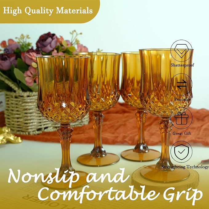 Plastic Wine Glasses，Plastic Goblets Vintage Style Cordial Drinking Glasses for Wedding Reception, Grand Event Party Supplies (24, Amber)